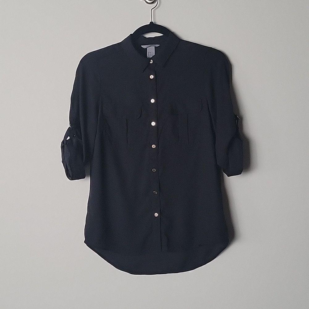 H&M Black 4 S Chiffon Minimalist Button Down Office Modest Prep Shirt Blouse Top